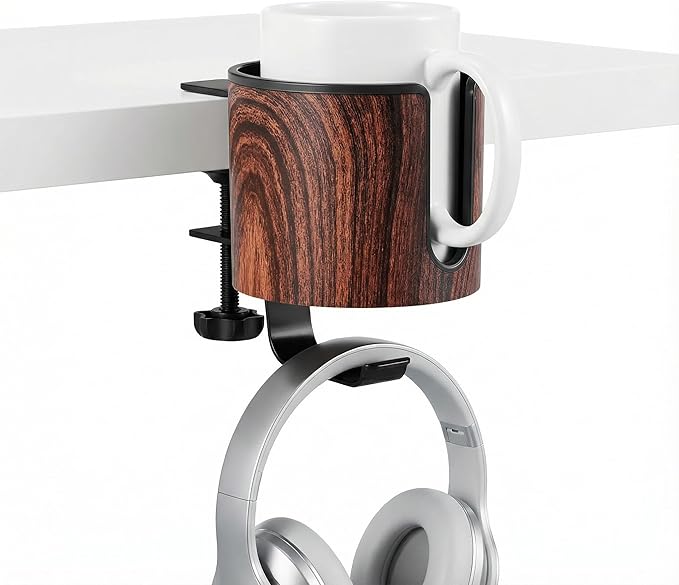 Luxury 2-in-1 Desk Cup Holder with Headphone Hanger for Office, Home, Gaming(Wooden Design)