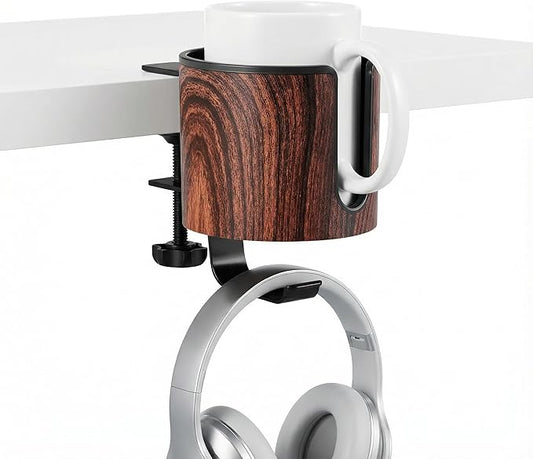 Luxury 2-in-1 Desk Cup Holder with Headphone Hanger for Office, Home, Gaming(Wooden Design)
