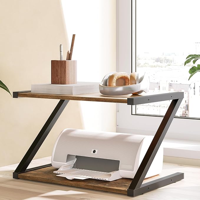 YATINEY Desktop Printer Stand, 2-Tier Printer Table with Storage Shelf, Under Desk Printer Stand for Office, Open Organizer Shelf, Easy Assembly, Rustic Brown PS02BR