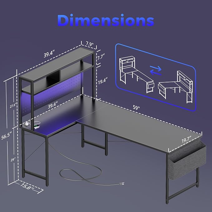 Mericonia 59 inch Large L Shaped Desk with Pegboard Hutch & Shelves, Corner Gaming Desk with Power Outlet, LED Light & Storage Bag, Reversible Computer Desk for Home, Bedroom, Office Workspace, Black