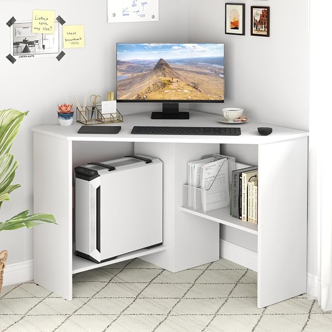 NAFORT Triangular Corner Desk with Storage Shelves and Cable Holes, Space Saving Writing Desk, Multi Functional Workstation for Home Office, Bedroom, PC Laptop Computer Table, White