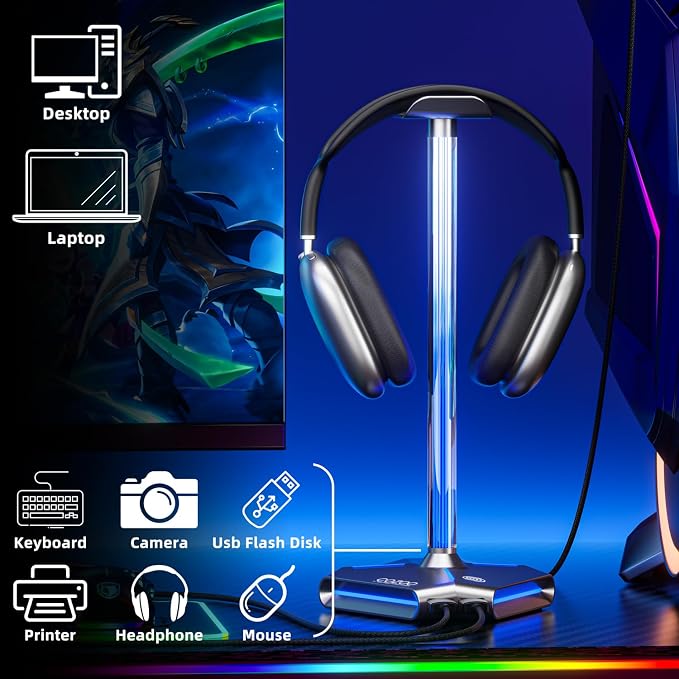 RGB Headphone Stand with 2 USB2.0 Extension Charging Port Extender Cord,Headset Stand Holder for Gamer Desktop Table Game Earphone Accessories,PC Gaming Accessories for Gamer,Gifts for Boyfriend（Grey）