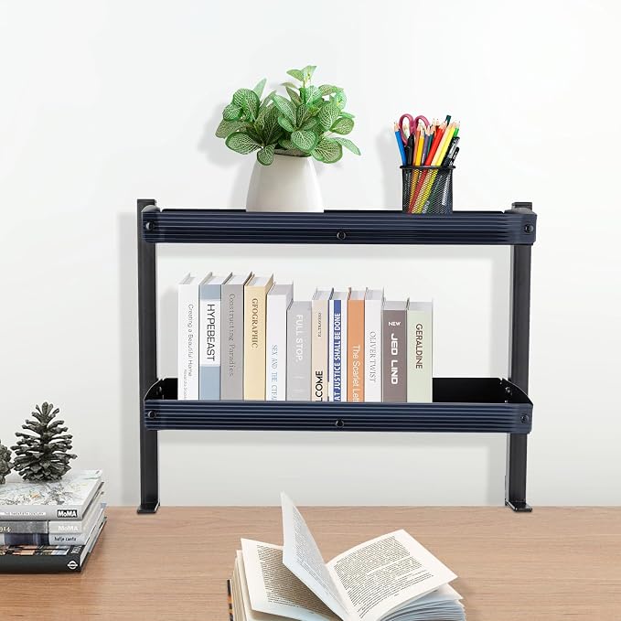 Clamp on Desk Shelf, 2 Tier Desk Extender Side Table with Adjustable Metal Storage Tray Capacity 22 lbs for Offices, Bedrooms, Living Rooms (Black)