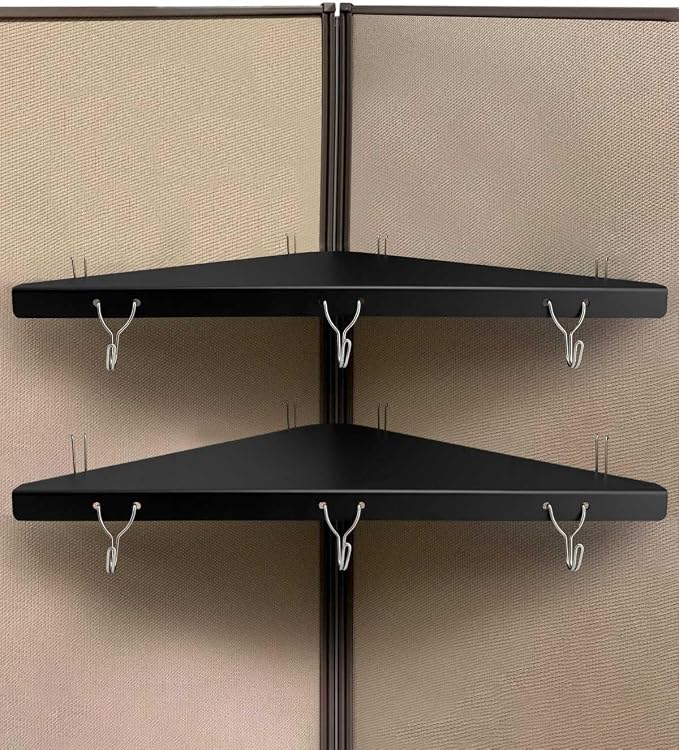 Metal Cubicle Corner Shelf with 3 Hooks for Office Fabric Walls, Hanging Organizer Shelves for Keys and Office Supplies, Space Saving Black Storage Shelf (2 Packs)