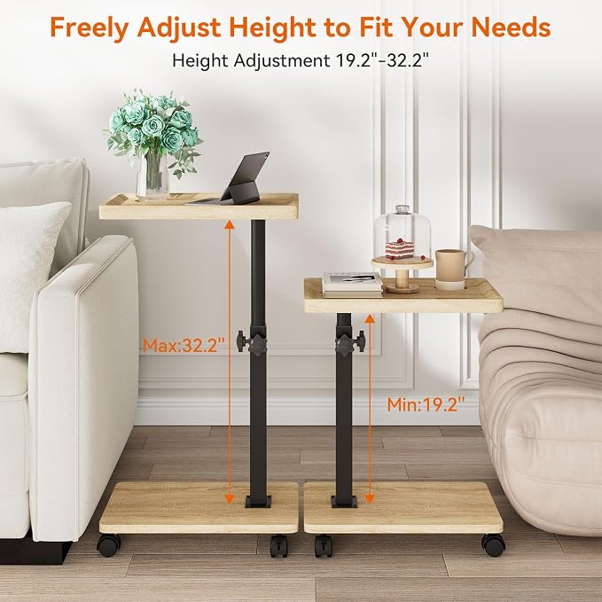 IBUYKE C Shaped Side Table Height Adjustable, 360° Swivel TV Tray Table with Wheels, End Table for Small Spaces,Living Room,Small Bedside Table for Eating, Dinner or Laptop,Natural UTVT007R