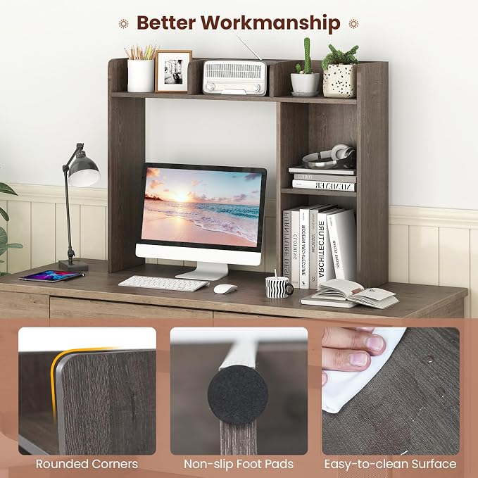 Desktop Bookshelf, 3-Tier Desk Organizer Shelves with 5 Display Rack, Countertop Storage Bookcase for Computer Desk, Desk Hutch Shelf for Top of Desk, Dorm, Home, Office (Grey)