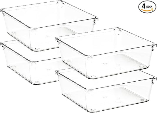 4 Pack Drawer Organizer - 6" X 6" Clear Acrylic Storage Bins with Non-Slip Pads, Versatile Desk Tray for Makeup, Jewelry, Kitchen, Bathroom, and Office Organization