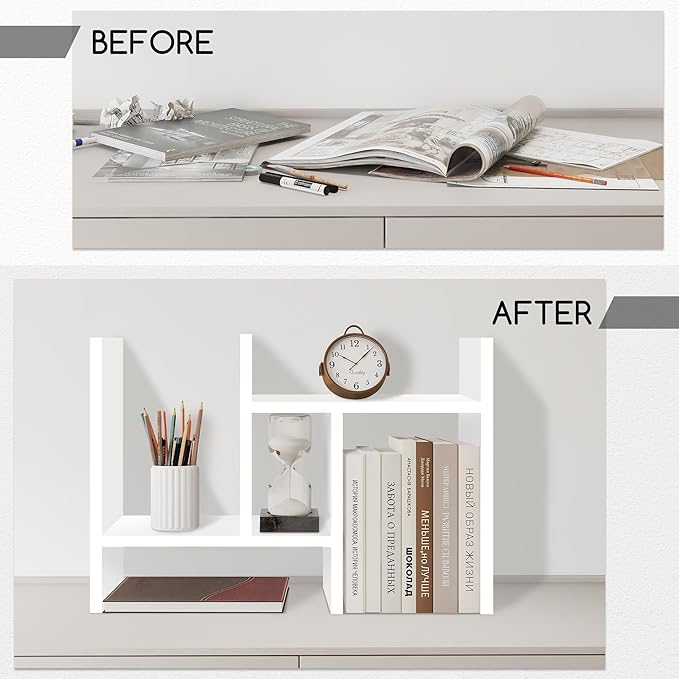 Jerry & Maggie Desktop Organizer Office Storage Rack Adjustable Wood Display Shelf Free Style Double H, Multi-Functional Mini Bookshelf for Desk Natural Stand (White/2 Pack)