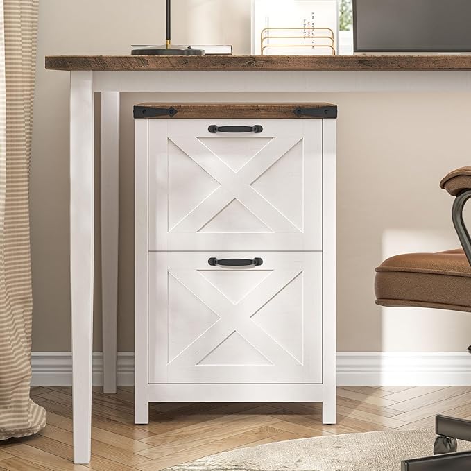 Halitaa Farmhouse File Cabinet, Vertical Under Desk Wooden Storage with 2 Drawers, Small Filing Cabinet Fits Letter and A4 Size for Home Office, Printer Stand, White and Brown
