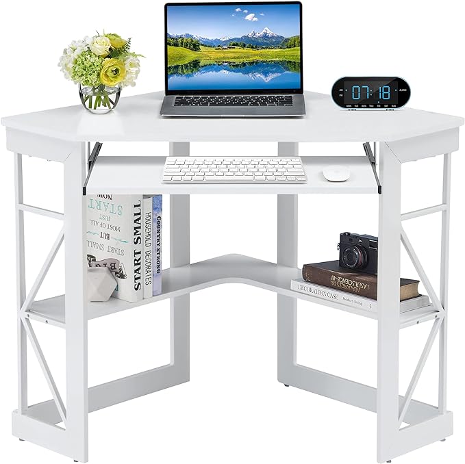 VECELO Corner Computer Desk 41 x 30 inches with Smooth Keyboard & Storage Shelves for Home Office Workstation, White
