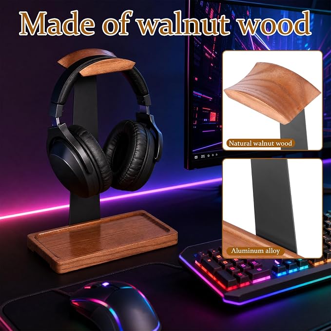 Walnut Headphone Stand, Wooden Headset Stand for Desk, Wood Gaming Headphone Holder with Storage Base Present for Men Brown or Black(Brown)