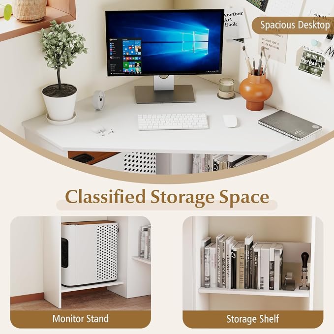 NAFORT Triangular Corner Desk with Storage Shelves and Cable Holes, Space Saving Writing Desk, Multi Functional Workstation for Home Office, Bedroom, PC Laptop Computer Table, White