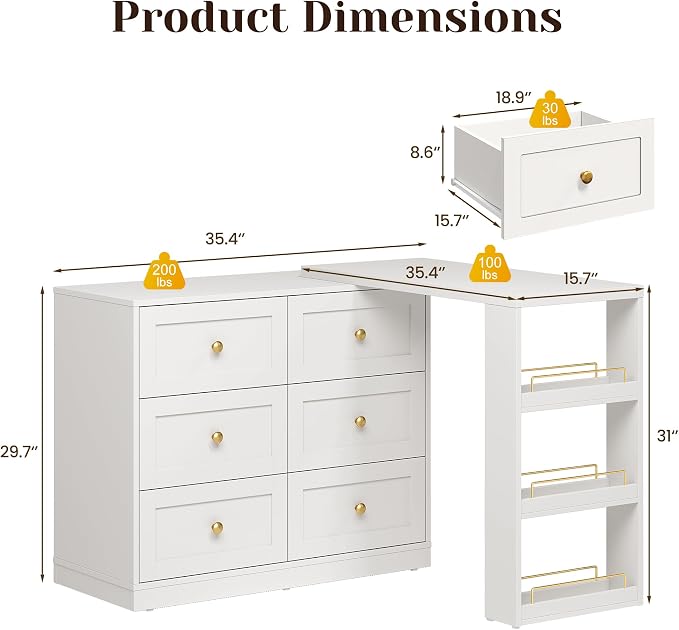 FansaFurn 67" Extendable Corner Vanity Desk, 3 in 1 Makeup Table with Rotatable Tabletop, 3 Side Shelves & 6 Drawers, L-Shaped Vanity Table and Dresser Combo for Bedroom, Dressing Room, White