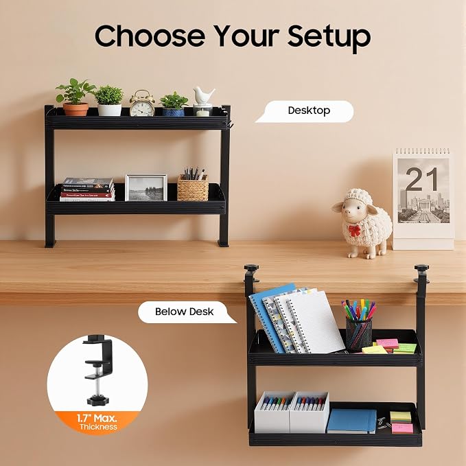 Clamp On Desk Shelf, Heavy Duty Above Desk Shelves, Under Desk Wire Management with Desk Extension Side Table, Desk Add on Shelf Clamp Table for Gaming Desk Organization