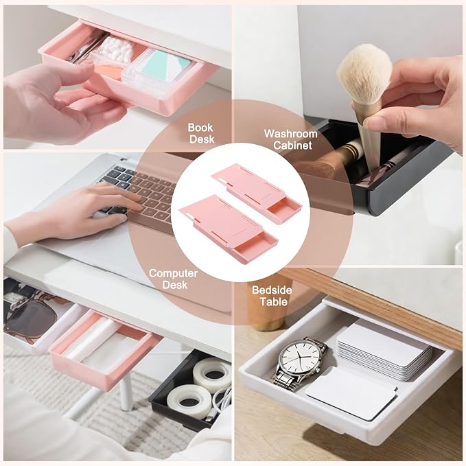 PATIKIL 2 Pack Under Desk Drawer Slide Out, 8.66 x 6.1/4.3" Plastic Table Storage Drawers Slide Out Storage Box for Laptop Study Desks Dining Dressing Tables Wardrobes Cabinets, Pink