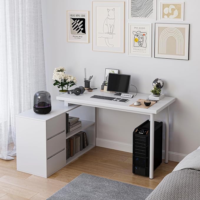 Mekminop L Shape Computer Desk with 3 Drawers and 2 Shelves, Home Office Desk Corner Small Desk with Storage Cabinet for Writing Study Executive – White