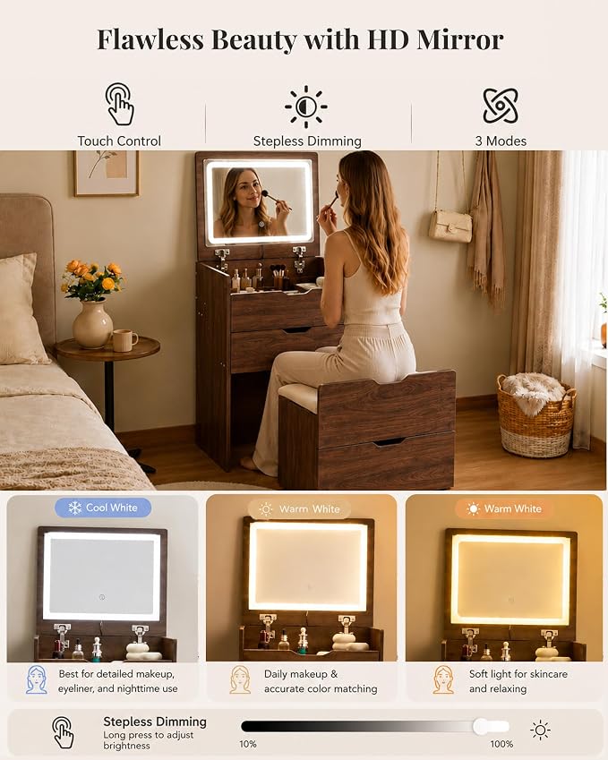 Small Vanity with Mirror and Lights for Small Space, 3-in-1 Compact Makeup Vanity Desk with Storage, Flip Top Vanity Table with Hidden Stool, 3 Color Mode, Drawers & Jewelry Organizer, Mini Vanity Set
