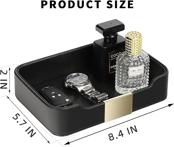 SANZIE Luxury Leather Tray Organizer Valet Tray Key Tray for Entryway Table Desktop Storage Catchall Tray Decorative Tray for Jewelry Keys Wallet Phone Watch (Metal Gilded, Black)
