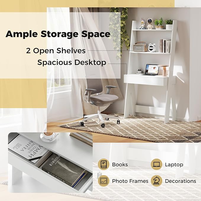 Tangkula Ladder Desk with Countertop & Drawer, Home Office Computer Laptop Table with Open Shelves & Anti-Tip Kits, Wall-Leaning Compact Working Station for Small Spaces (White)