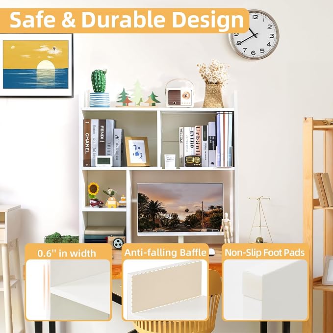 deli Desktop Shelf, Desk Hutch with 5 Shelves for Computer Desk, Desktop 3-Tier Display Rack, Multipurpose Wood Desktop Bookshelf Storage Organizer for Dorm Office Home, White