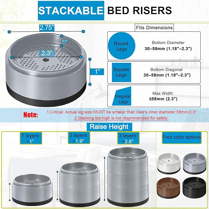 Bed Risers 1 inch, 2 inch, 3 inch, 4 inch Heavy Duty, Adjustable Furniture Riser for Table Desk Couch Sofa Chair Refrigerator Washing Machine, Stackable Bed Raisers Blocks (Grey 16 Pack, 1 inch)