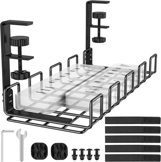 Under Desk Cable Management Tray, L 15.7''W 6.3'' No Drill Steel Desk Cable Organizers, Wire Management Tray Cable Management Rack, Desk Cable Tray Wire Organizer with Desk Cord Organizer