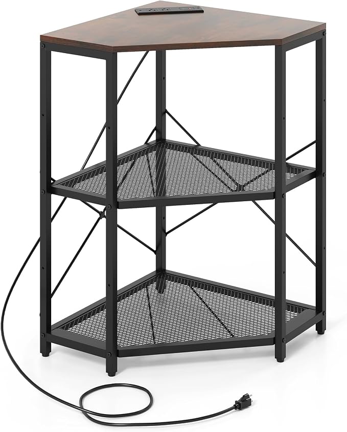 Tangkula Corner Printer Stand with Power Outlet, 3-Tier Storage Rack with Adjustable Metal Mesh Shelf, Freestanding Corner Table Computer Tower Holder for Home Office Living Room (Rustic Brown)