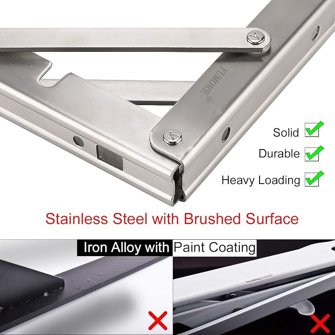 YUMORE Folding Shelf Brackets 8", Max Load: 300lb Heavy Duty Stainless Steel Collapsible Shelf Bracket for Table Work Bench, Space Saving DIY Bracket, Pack of 2