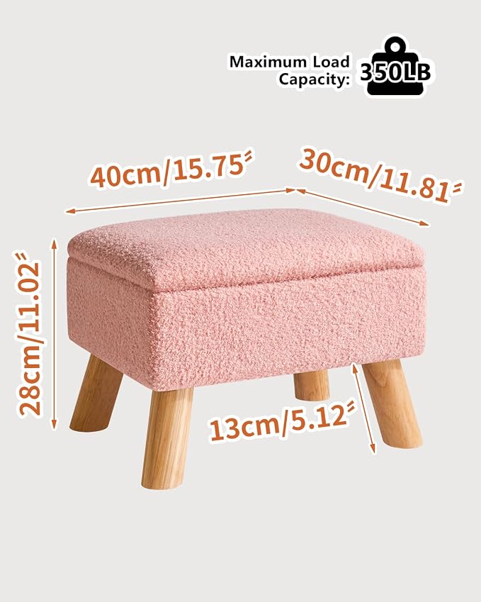 YMYNY Storage Ottoman,Small Foot Stool, 15.75"×11.81"×11.02" Pink,HBD042P | Teddy Velvet ,Sturdy Wood Legs, Foot Stool with Padded Seat, For Living Room Bedroom Couch Entryway