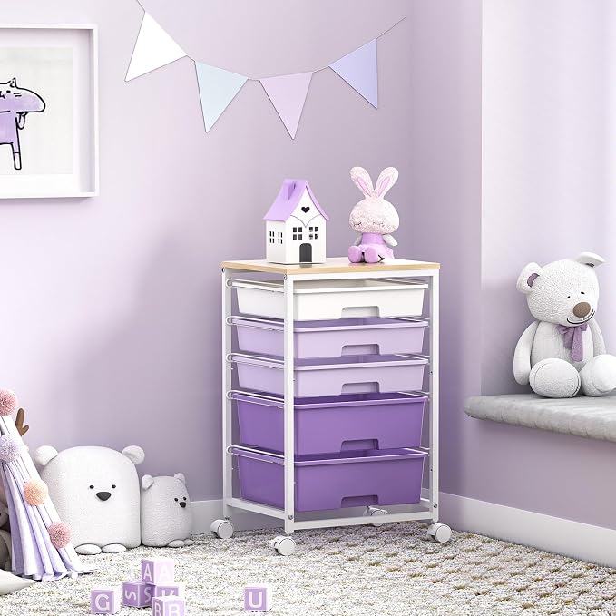 SYKIARIOL Utility Cart with 5 Drawers,Storage Drawer Cart with Wooden Tabletop and Lockable Wheels,Craft Storage Trolley Cart,5-Tier Rolling Utility Cart on Wheels,Purple