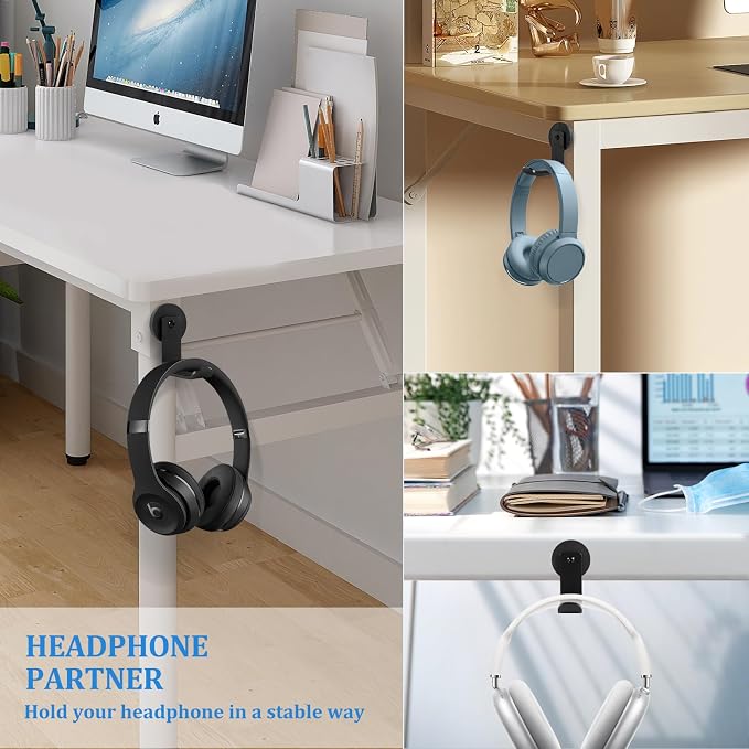 Magnetic Headphone Holder, Aluminum Headset Hooks, Headphone Hanger for Desk & Table, Headphone Mount Stand with Rubber Pad, Compatible with All Computer/Gaming Headsets (Black)