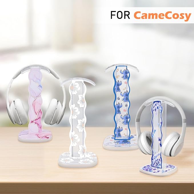 CamyCosy Headphone Stand Gaming Headset Holder for Desk,Luxury Pink Marble Pattern Earphone & Cellphone Stand Desk Accessories for All Headphones Size