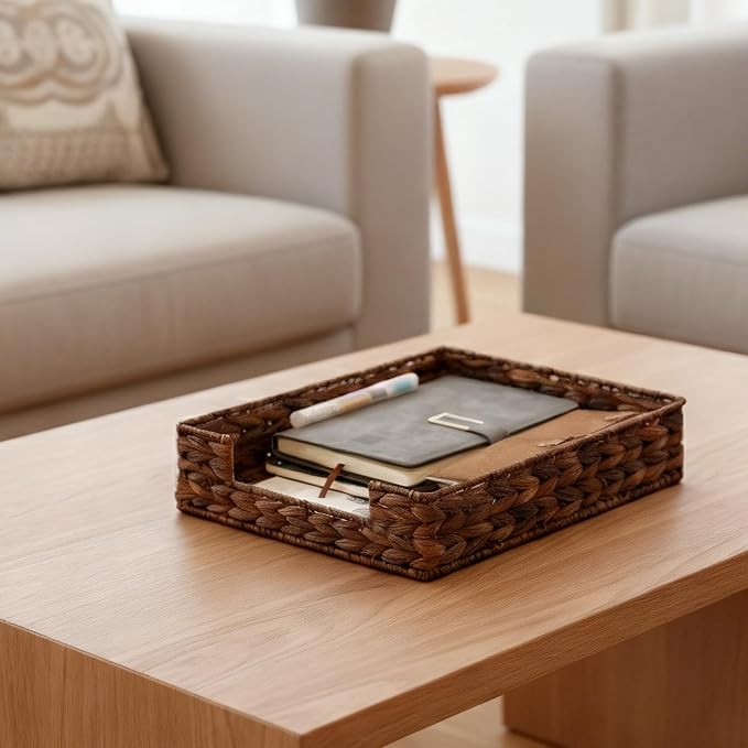 PINXIURY Water Hyacinth Letter Tray for A4 File Desk Mail Letter-Size Paper, Basket Woven Organizer, Magazine Files Storage, Office Document Organizer and Storage, Coffee
