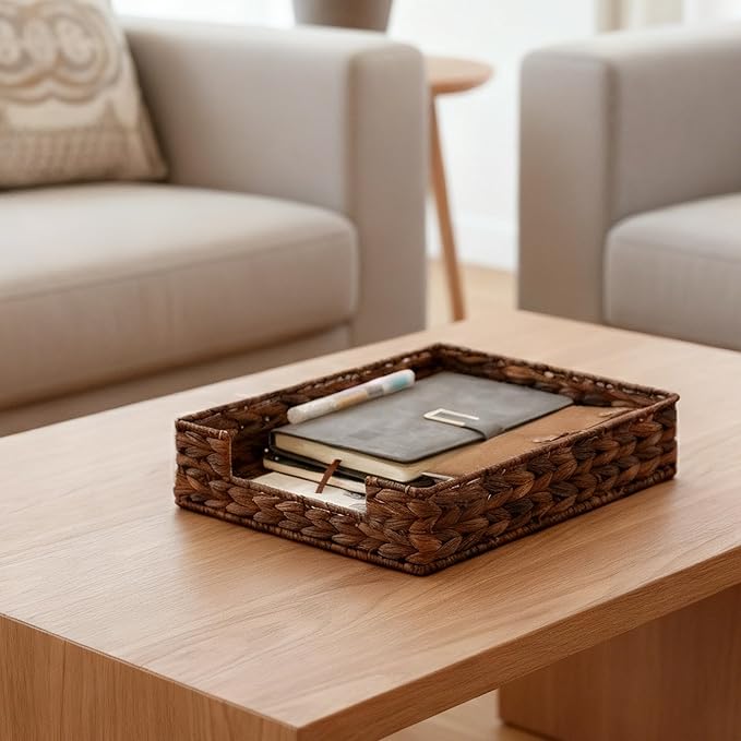 Set of 2 Water Hyacinth Letter Tray for A4 File Desk Mail Letter-Size Paper, Basket Woven Organizer, Magazine Files Storage, Office Document Organizer and Storage, Coffee