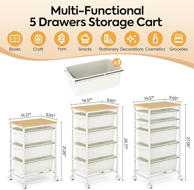 Rolling Storage Cart with 3 Drawers, Craft Organizer, Wooden Tabletop Utility Cart for Bedroom, Children's Room and Office Organization, Under Desk Trolley with Lockable Wheels,White