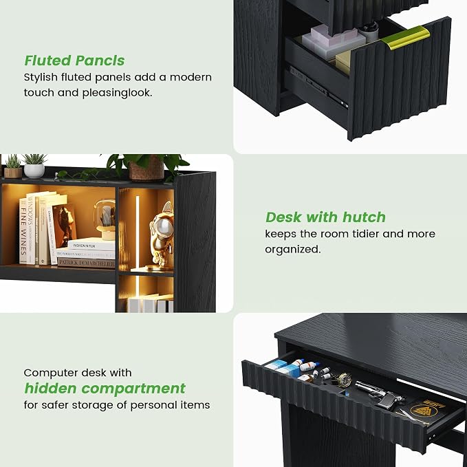 Modern Smart LED Study Desk with Hutch & Storage Cabinet - 3 Color LED Lighting, Card-Based Lock & USB Charging Ports, Multipurpose Computer Desk for Home Office & Student,Black