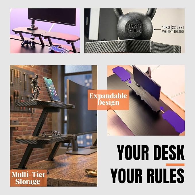 Clamp-On Dual-Layer Desk Shelf Set, Stackable Floating Desk Shelf with Carbon Fiber Textured Surface, 18mm Solid-Core Wood,(Textured Black, 1 Large + 1 Small)