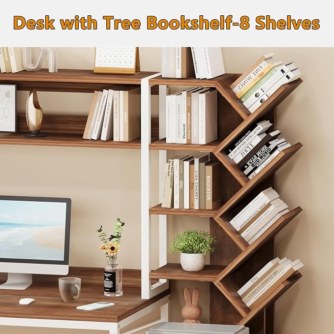 YOMILUVE Reversible Computer Desk with Hutch, Home Office Desk with Drawers and Bookshelf, 52'' Study Writing Desk with Storage Shelves for Bedroom Home Office, Brown and White