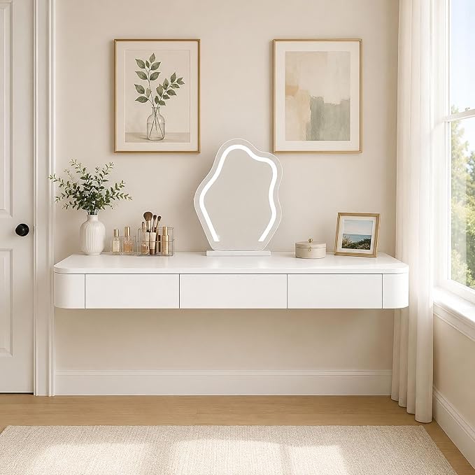 Floating Makeup Vanity Desk with Drawers Wall Mounted Makeup Table with Storage Fully Assembled Floating Vanity Desk Space Saving Modern Dressing Table for Bedroom Closet(White,63")