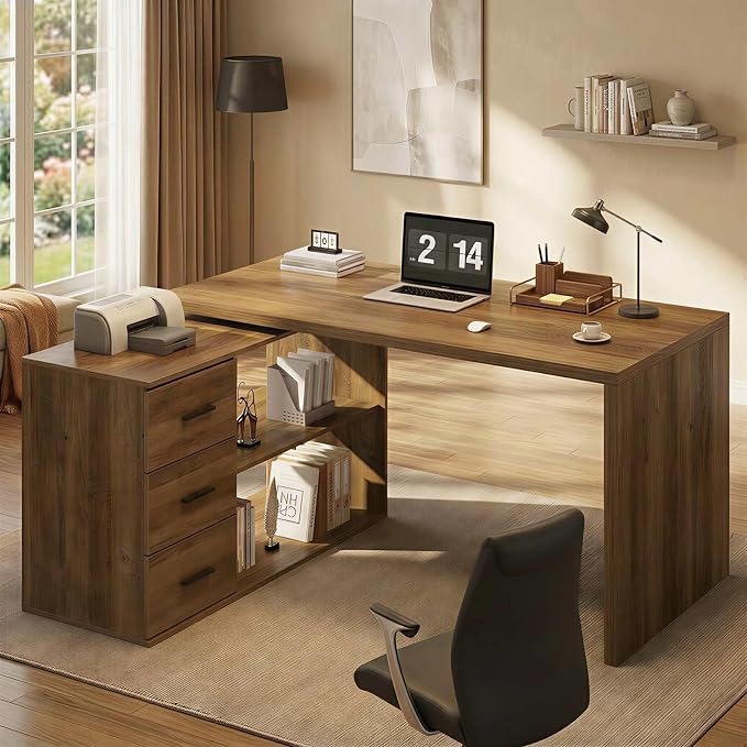 HSH L Shaped Desk with Storage Drawers Shelves, Large Corner Computer Table in Home Office, Industrial Wood Desk for Executive Writing Work Study, Rustic Oak, 55 Inch