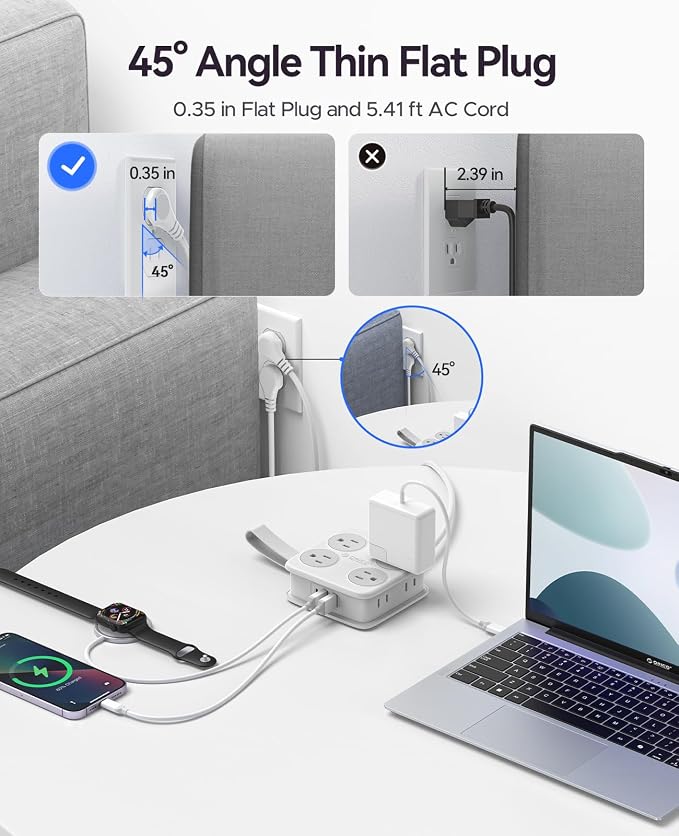 5 Ft Extension Cord with 3 USB Ports, ORICO Power Strip for Desktop, 4 Side Outlet Extender(8 AC) & Flat Plug, 11 in 1 Charging Station for Home/Office/Dorm - AP3 PRO