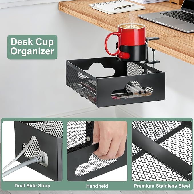 MYITYARD Desk Cup Holder Clamp, Anti-Spill Clip On Table Cup Holder with Rotation Drawer Organizer, Under Desk Storage Box Drink Holder for Desk Attachment, Gaming Desk Accessories for Office Home