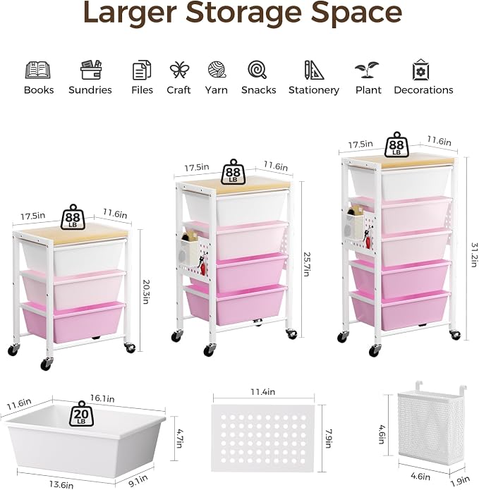 Rolling Cart with 4 Drawers, Plastic Drawer Storage Carts with Wheels & Wooden Tabletop, Metal Utility Cart with Pegboards, Office Living Room Classroom Craft Organization and Storage, Bright Pink