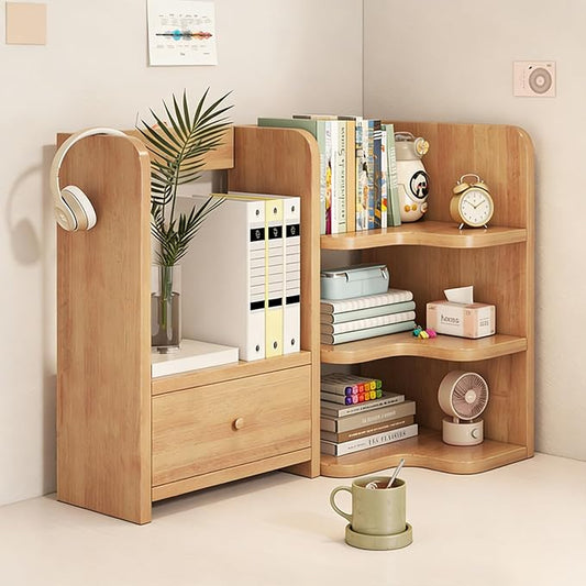Corner Desktop Bookshelf with Drawer Wood Storage Organizer Shelves for Home Office Natural Wood 60cm/23.62in
