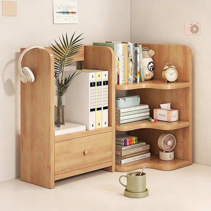 Corner Desktop Bookshelf with Drawer Wood Storage Organizer Shelves for Home Office Natural Wood 50cm/19.69in