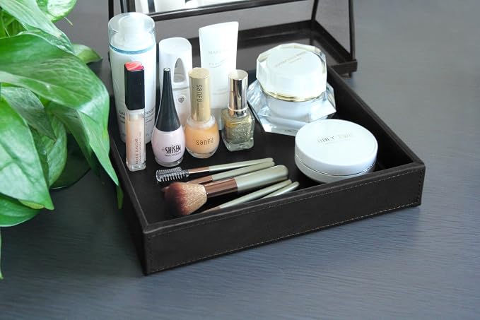 HofferRuffer Faux Leather Vanity Tray, Elegant Desktop Storage Organizer, Decorative Catchall for Perfume, Bathroom Valet, Nightstand or Dresser, Black, 10.2 x 8.4 x 1.8 Inches