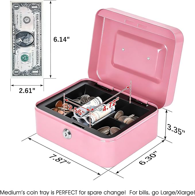 Kyodoled Medium Cash Box with Money Tray,Small Safe Lock Box with Key, Drawer,7.87"x 6.30"x 3.54" Pink