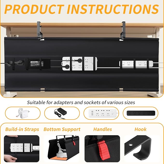 48" Under Desk Cable Management Tray, No Drill Desk Cable Management Wire Standing Desk Cord Organizer Clamp/Screw Mount, Cord Management Tray Black Fabric Desk Organizer for Home Office