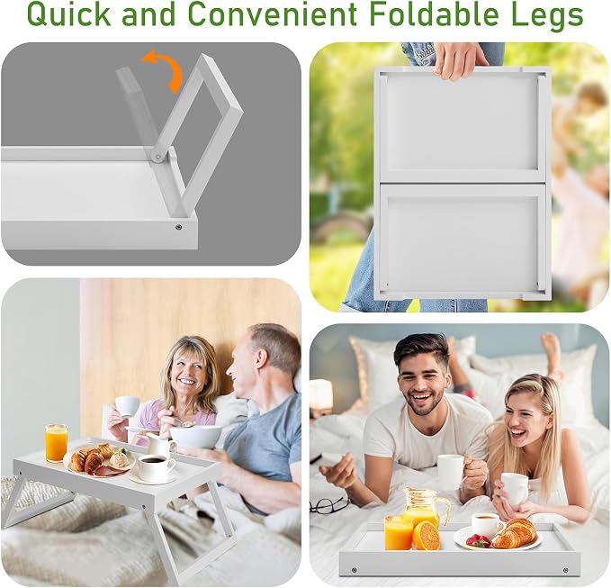 Bamboo Bed Tray Table with Foldable Legs, Breakfast Tray (White) | Laptop Desk with Folding Legs for Bed or Sofa,Food,Dinner, Serving,TV Table,Kitchen,Eating,Working