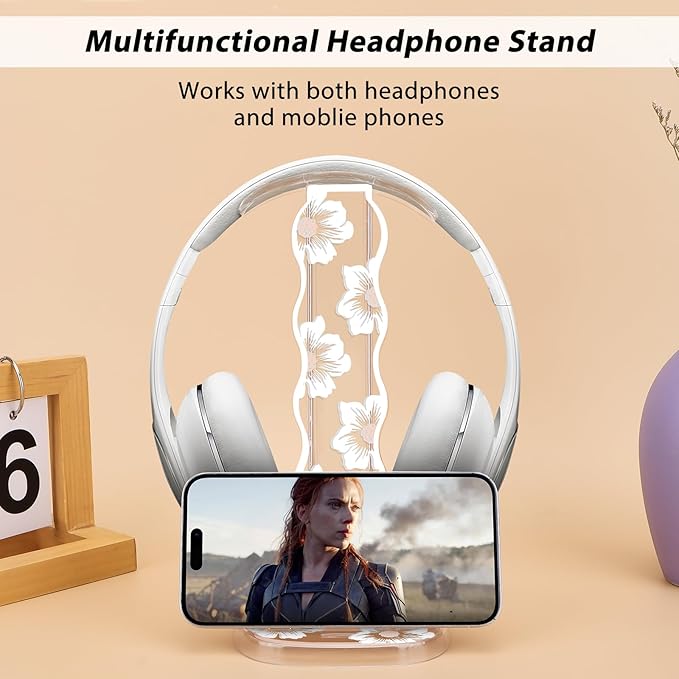 CamyCosy Headphone Stand Gaming Headset Holder for Desk,Unique White Camellia Pattern Clear Earphone Stand Cellphone Stand Desk Accessories for All Headphones Size